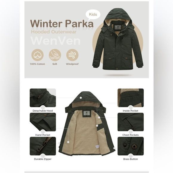 NWT Wenven Winter Cotton Thicken Sherpa Lined Hooded Work Jacket in Brown Size M - Picture 15 of 16